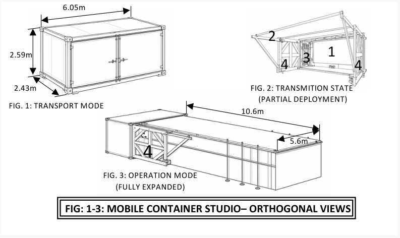 Patent concept drawings comparing the compact transport container with the deployed mobile recording studio